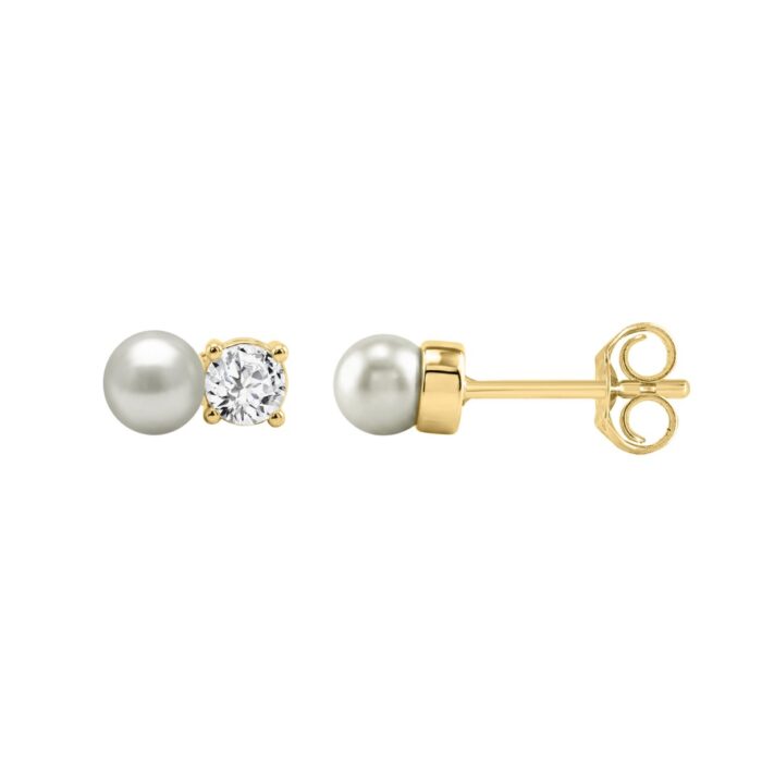 LADIES FASHION EARRINGS 1/4CT ROUND DIAMOND & PEARL 10K YELLOW GOLD (COLOR F-G CLARITY VS1/VS2) - Image 2