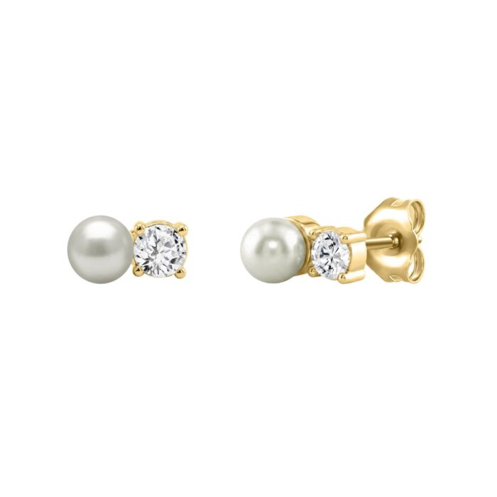 LADIES FASHION EARRINGS 1/4CT ROUND DIAMOND & PEARL 10K YELLOW GOLD (COLOR F-G CLARITY VS1/VS2) - Image 3