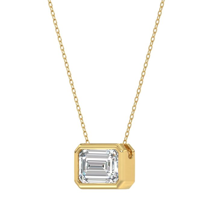 LADIES SOLITAIRE PENDANT 1CT EMERALD DIAMOND 14K YELLOW GOLD WITH CHAIN - Image 3