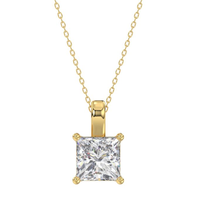 LADIES SOLITAIRE PENDANT WITH CHAIN 4CT PRINCESS DIAMOND 14K YELLOW GOLD - Image 1