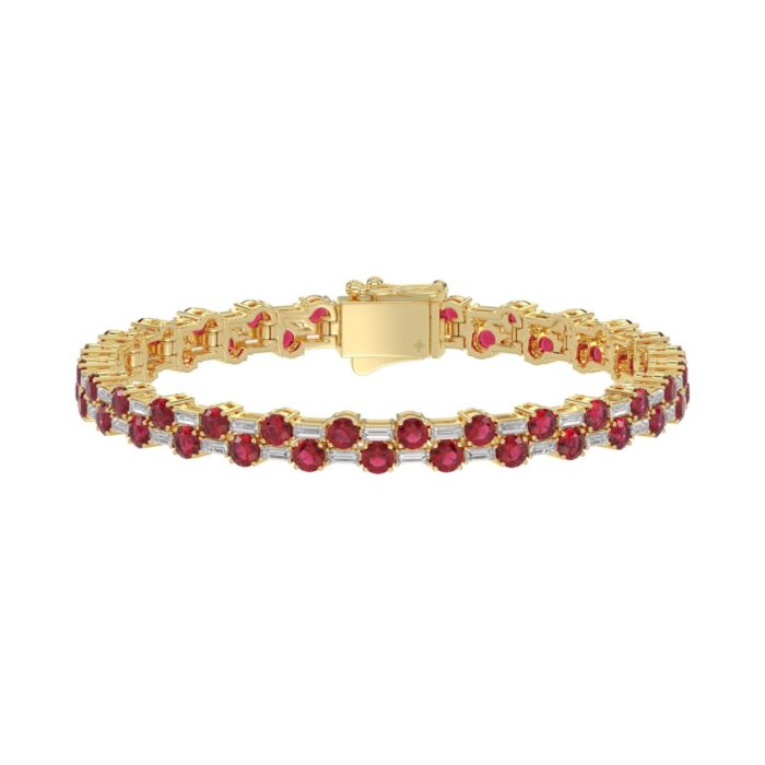 14K YELLOW GOLD 9.00CT BAGUETTE/ROUND RUBY DIAMOND LADIES BRACELET (ROUND RUBY 7 3/4CT) - Image 1