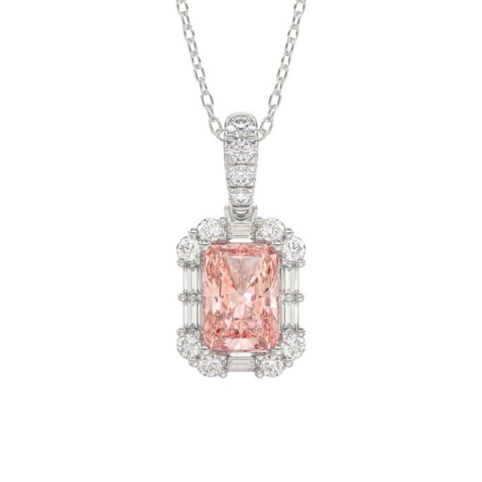 ETERNAL BLUSH COLLECTION 14K WHITE GOLD 1 1/4CT ROUND/PINK RADIANT/BAGUETTE DIAMOND LADIES PENDANT WITH CHAIN - Image 1