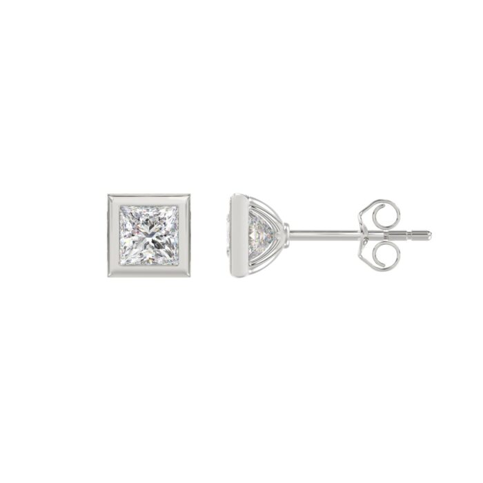 LADIES SOLITAIRE EARRINGS 1CT PRINCESS DIAMOND 14K WHITE GOLD - Image 2