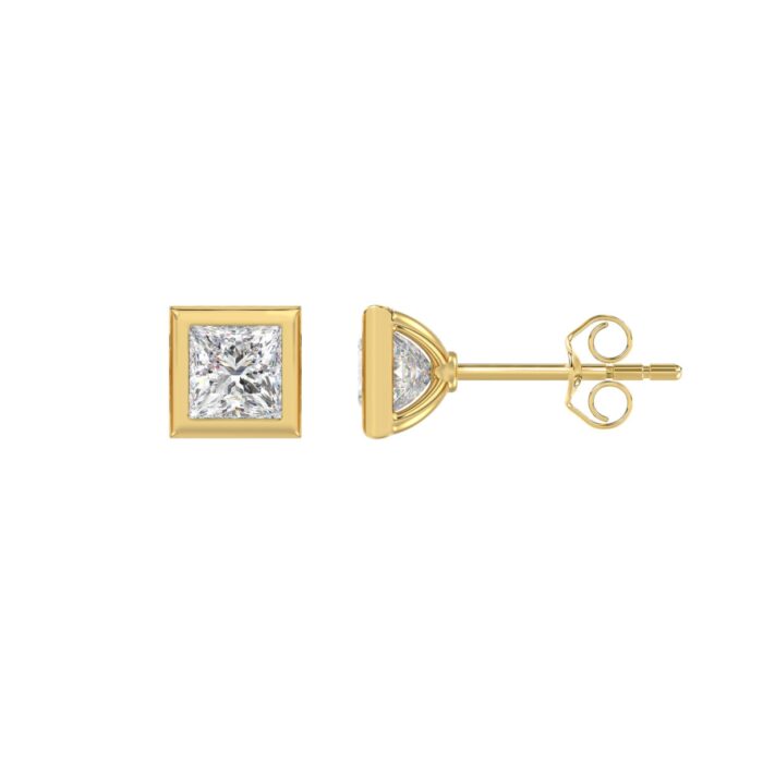 LADIES SOLITAIRE EARRINGS 1CT PRINCESS DIAMOND 14K YELLOW GOLD - Image 2