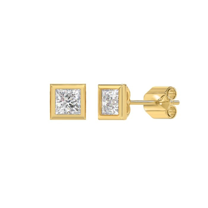 LADIES SOLITAIRE EARRINGS 1CT PRINCESS DIAMOND 14K YELLOW GOLD - Image 3