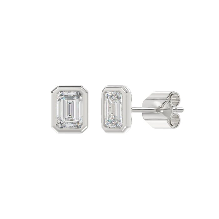 LADIES SOLITAIRE EARRINGS 2CT EMERALD DIAMOND 14K WHITE GOLD - Image 3