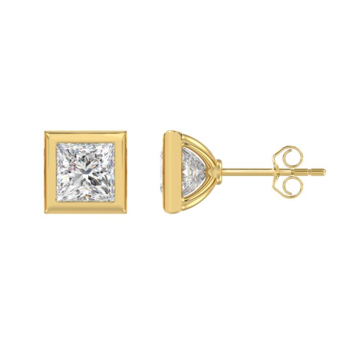 LADIES SOLITAIRE EARRINGS 3CT PRINCESS DIAMOND 14K YELLOW GOLD - Image 2