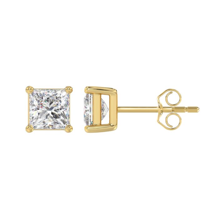 LADIES SOLITAIRE EARRINGS 2 1/2CT PRINCESS DIAMOND 14K YELLOW GOLD - Image 2