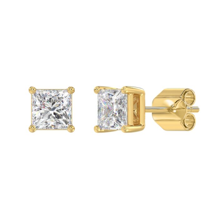 LADIES SOLITAIRE EARRINGS 2 1/2CT PRINCESS DIAMOND 14K YELLOW GOLD - Image 3
