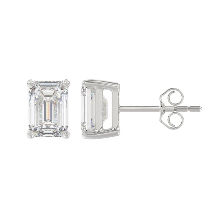 LADIES SOLITAIRE EARRINGS 3CT EMERALD DIAMOND 14K WHITE GOLD - Image 2