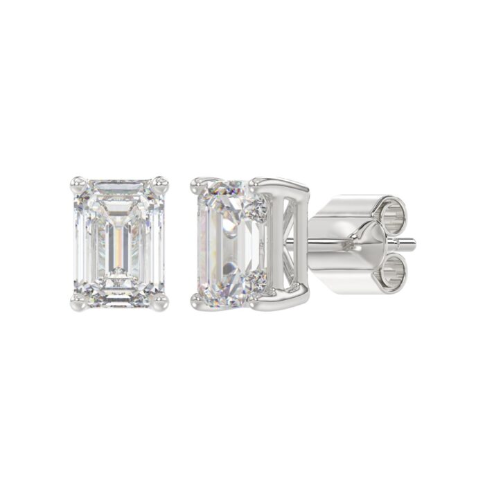 LADIES SOLITAIRE EARRINGS 3CT EMERALD DIAMOND 14K WHITE GOLD - Image 3