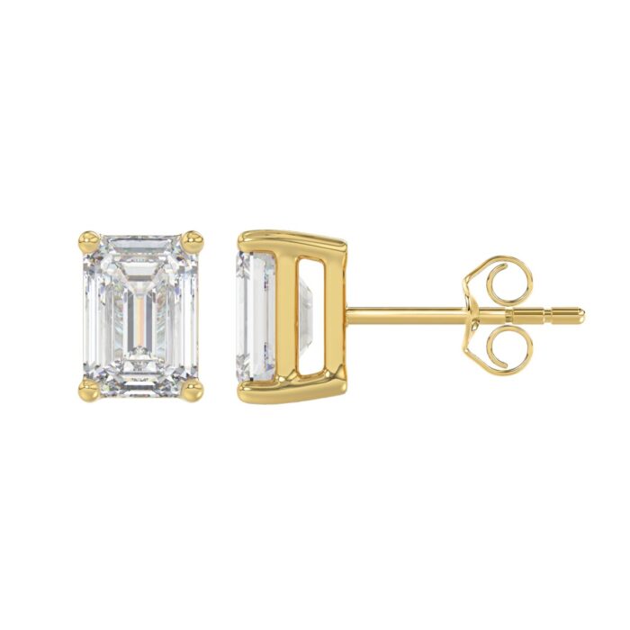 LADIES SOLITAIRE EARRINGS 3CT EMERALD DIAMOND 14K YELLOW GOLD - Image 2
