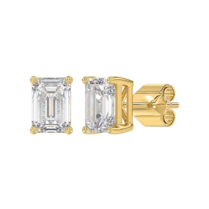 LADIES SOLITAIRE EARRINGS 3CT EMERALD DIAMOND 14K YELLOW GOLD - Image 3