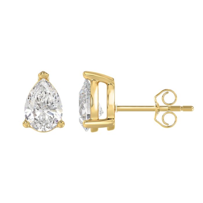 LADIES SOLITAIRE EARRINGS 3CT PEAR DIAMOND 14K YELLOW GOLD - Image 2