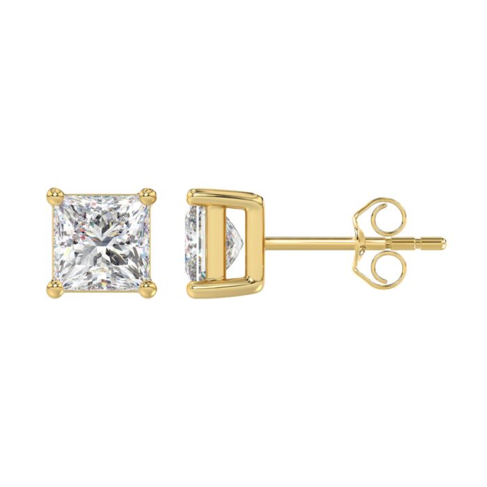 LADIES SOLITAIRE EARRINGS 3CT PRINCESS DIAMOND 14K YELLOW GOLD - Image 2