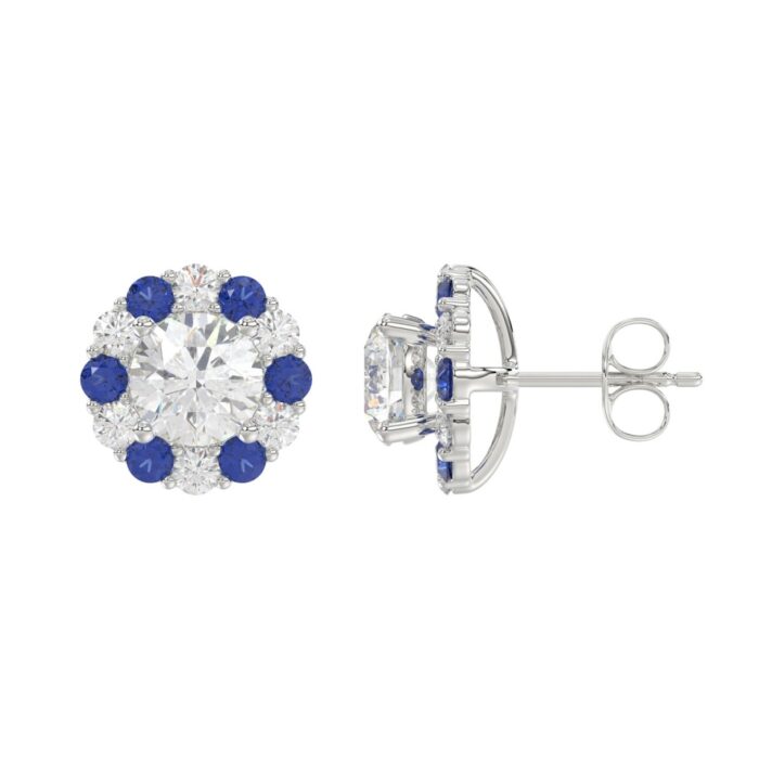 14K WHITE GOLD 2 5/8CT ROUND/ ROUND BLUE SAPPHIRE DIAMOND LADIES EARRING (CENTER STONE ROUND DIAMOND 2CT) - Image 2