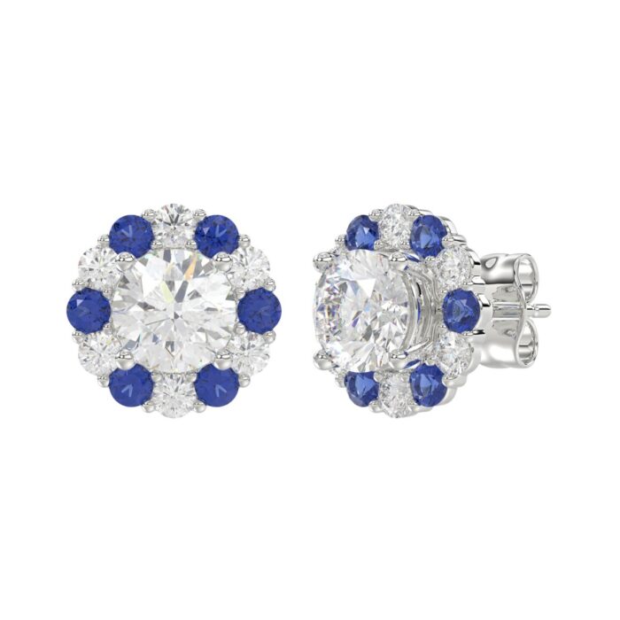 14K WHITE GOLD 2 5/8CT ROUND/ ROUND BLUE SAPPHIRE DIAMOND LADIES EARRING (CENTER STONE ROUND DIAMOND 2CT) - Image 3