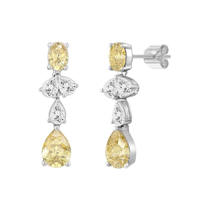 14K WHITE GOLD 3 1/2CT OVAL/PEAR DIAMOND LADIES EARRINGS (YELLOW PEAR DIAMOND 3/4CT/YELLOW OVAL DIAMOND 1/2CT) - Image 2