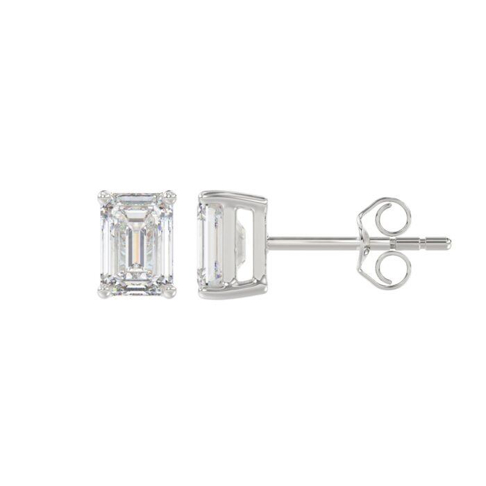 LADIES SOLITAIRE EARRINGS 1 1/2CT EMERALD DIAMOND 14K WHITE GOLD - Image 2