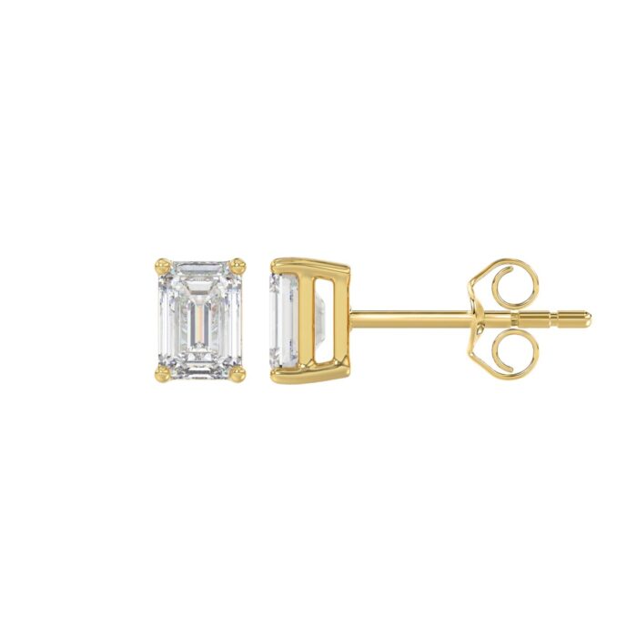 LADIES SOLITAIRE EARRINGS 1CT EMERALD DIAMOND 14K YELLOW GOLD - Image 2