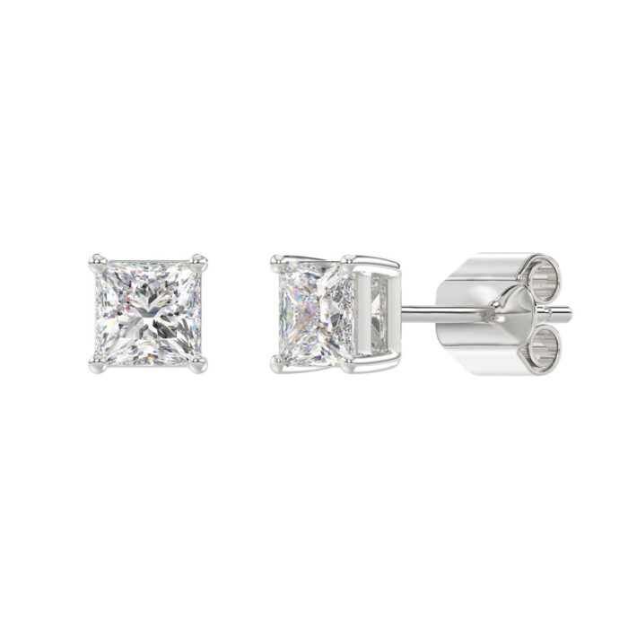 LADIES SOLITAIRE EARRINGS 2CT PRINCESS DIAMOND 14K WHITE GOLD - Image 3