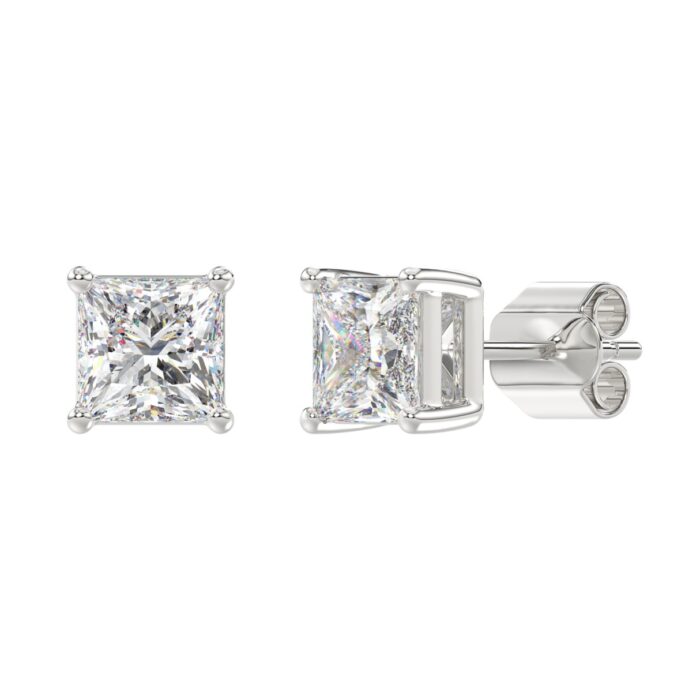 LADIES SOLITAIRE EARRINGS 4CT PRINCESS DIAMOND 14K WHITE GOLD - Image 3