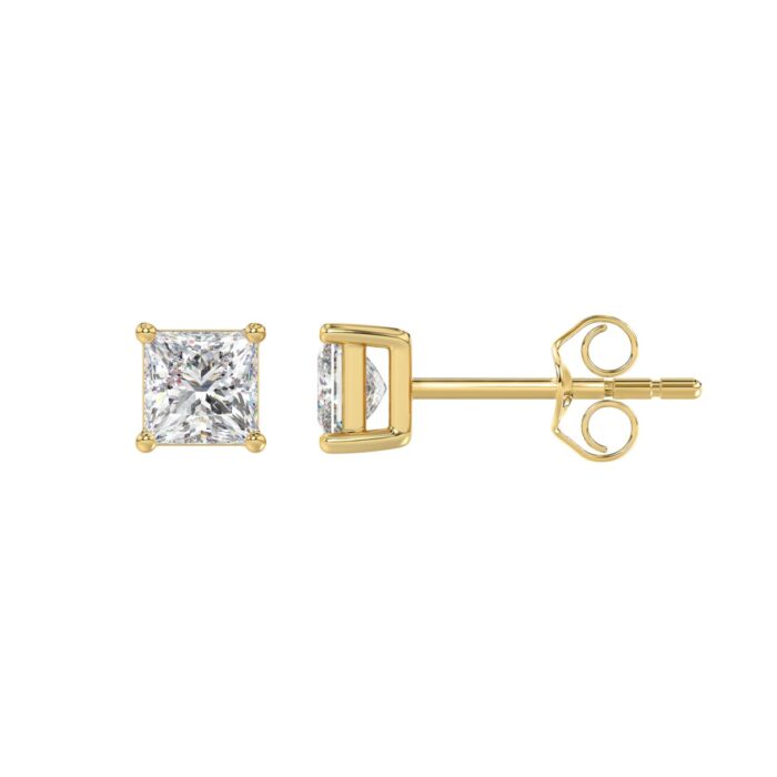 LADIES SOLITAIRE EARRINGS 1CT PRINCESS DIAMOND 14K YELLOW GOLD - Image 2