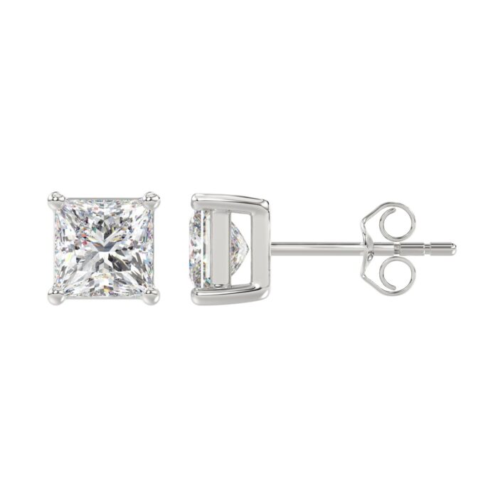 LADIES SOLITAIRE EARRINGS 3CT PRINCESS DIAMOND 14K WHITE GOLD - Image 2