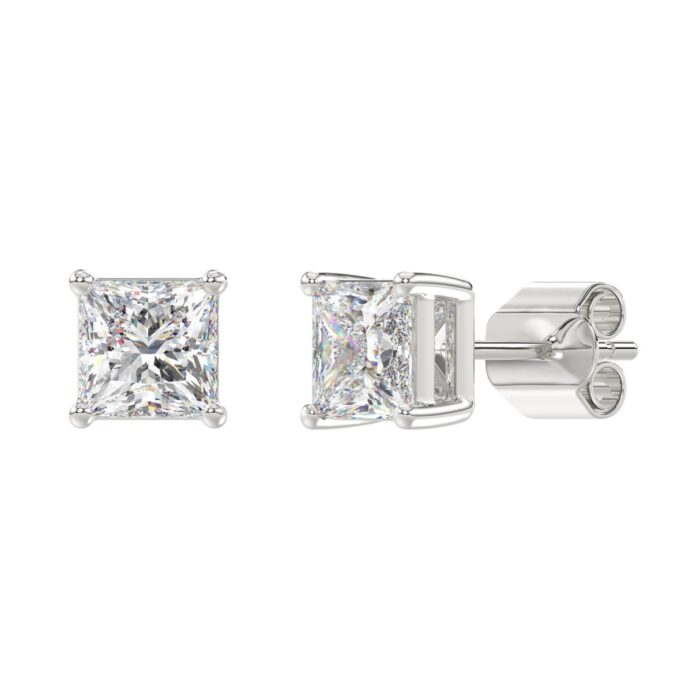 LADIES SOLITAIRE EARRINGS 3CT PRINCESS DIAMOND 14K WHITE GOLD - Image 3