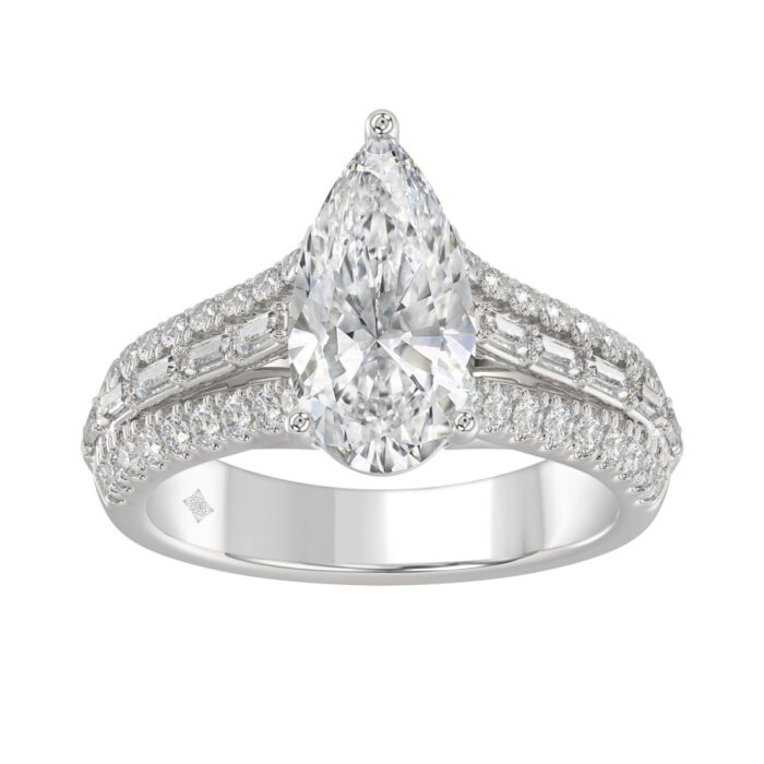 20890647_EC-118549W-14K-1214x1214.jpg Luxury 14K White Gold Ladies Diamond Ring 2 3/4CT Round Pear & Baguette Diamonds with 2.00CT Pear Center stone (Color F-G -Clarity VS1/VS2) - Image 1