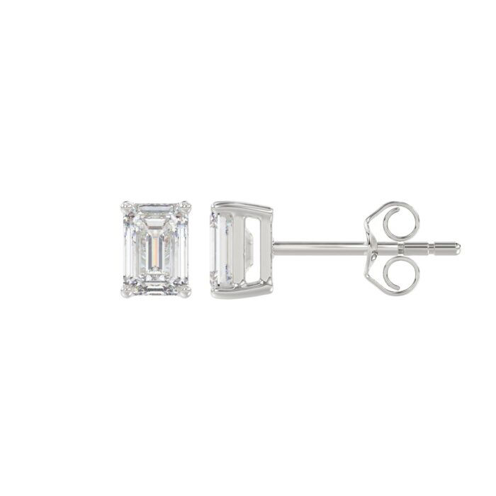 LADIES SOLITAIRE EARRINGS 1CT EMERALD DIAMOND 14K WHITE GOLD - Image 2