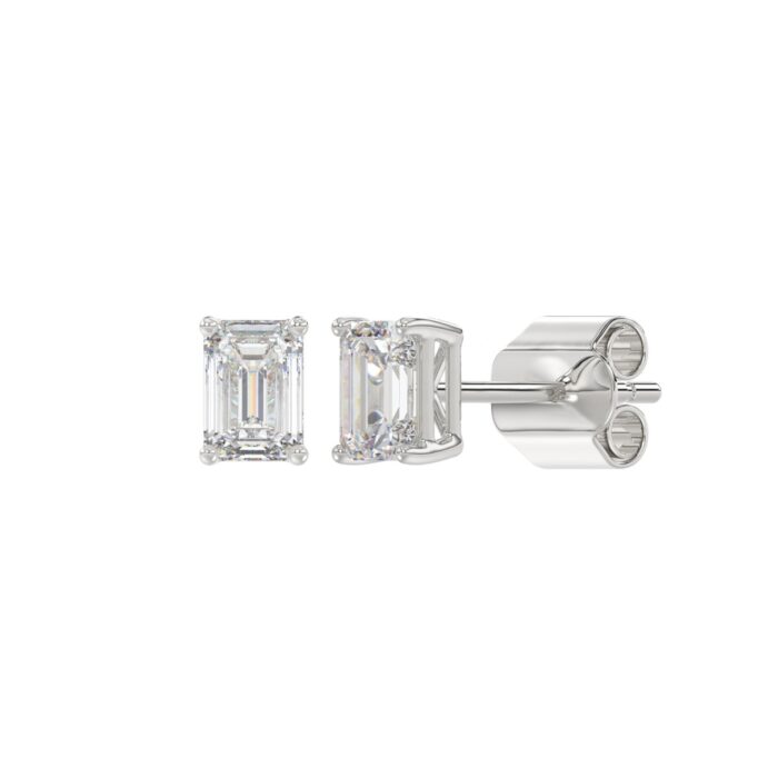 LADIES SOLITAIRE EARRINGS 1CT EMERALD DIAMOND 14K WHITE GOLD - Image 3