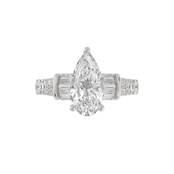 21K PLATINUM LADIES RING 2 3/4CT ROUND/PEAR/BAGUETTE DIAMOND (CENTER STONE PEAR DIAMOND 2CT) - Image 4