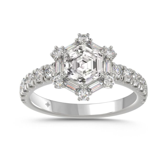 14K WHITE GOLD 1 3/4CT ROUND/BAGUETTE/HEXAGON STEP CUT DIAMOND LADIES RING - Image 1