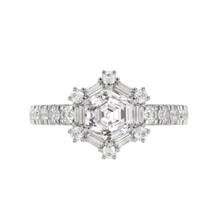 14K WHITE GOLD 1 3/4CT ROUND/BAGUETTE/HEXAGON STEP CUT DIAMOND LADIES RING - Image 2