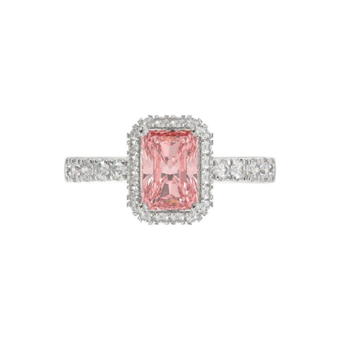 14K White Gold 4.00Ct Round Diamond Halo Ring For Women 3.00Ct Pink Radiant Cut Center Stone With Round Diamond Halo (Color F-G -Clarity Vs1/Vs2) - Image 5