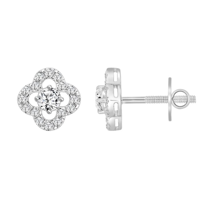 LADIES STUD EARRINGS 1CT ROUND DIAMOND 14K WHITE GOLD - Image 2