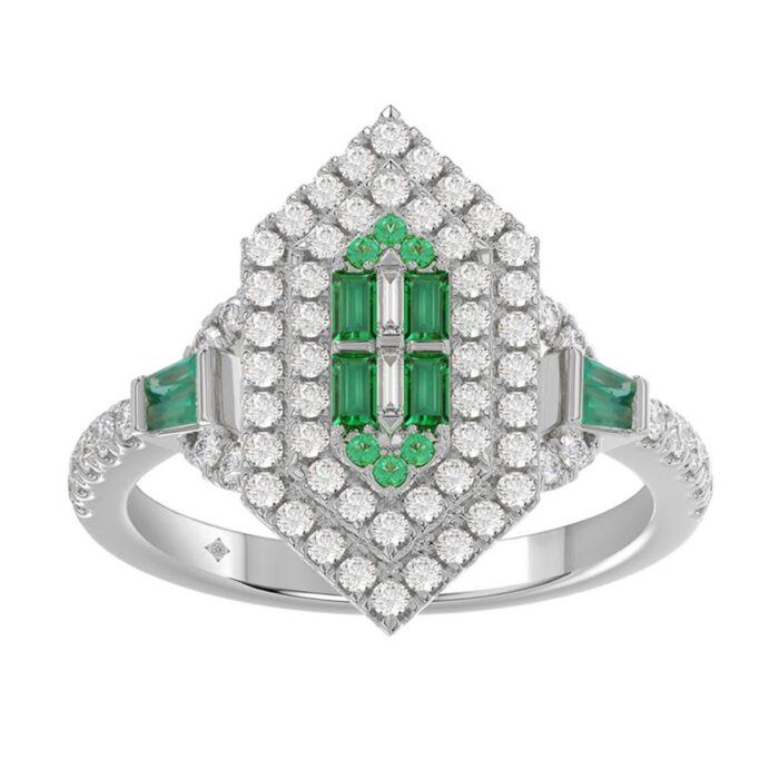 14K WHITE GOLD 1 1/6CT ROUND/BAGUETTE/EMERALD DIAMOND LADIES RING (GREEN EMERALD BAGUETTE DIAMOND 1/6CT) - Image 3