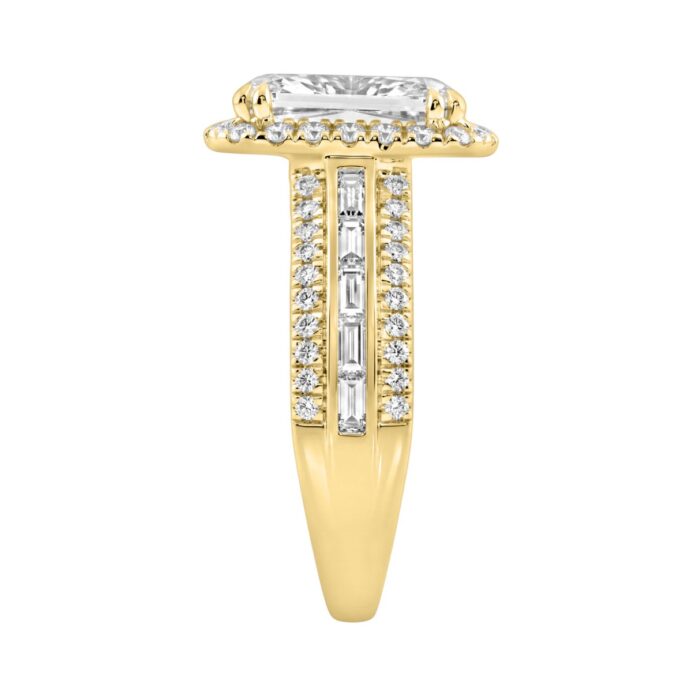 14K Yellow Gold 3.00 Ct Diamond Halo Engagement Ring For Women Elongated 2Ct Cushion Cut Center Stone With Round & Baguette Side Stones, Luxury Bridal - Image 3