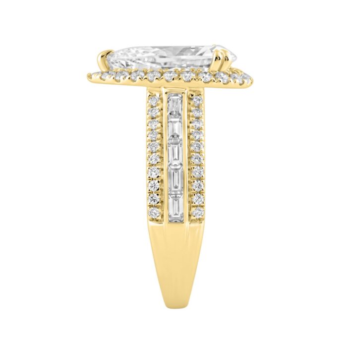 14K Yellow Gold 3.00 Ct Diamond Halo Engagement Ring For Women Elongated 2Ct Pear Cut Center Stone With Round & Baguette Side Stones, Luxury Bridal Ri - Image 3