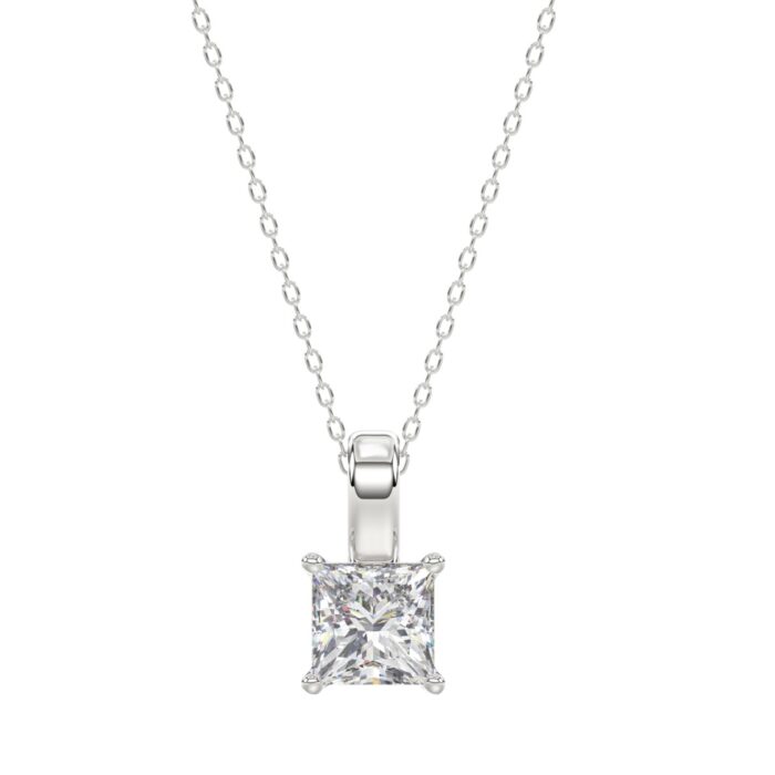 LADIES SOLITAIRE PENDANT WITH CHAIN 1 1/2CT PRINCESS DIAMOND 14K WHITE GOLD - Image 1