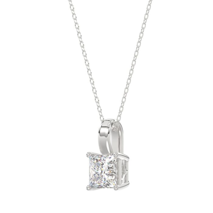 LADIES SOLITAIRE PENDANT WITH CHAIN 1 1/2CT PRINCESS DIAMOND 14K WHITE GOLD - Image 3