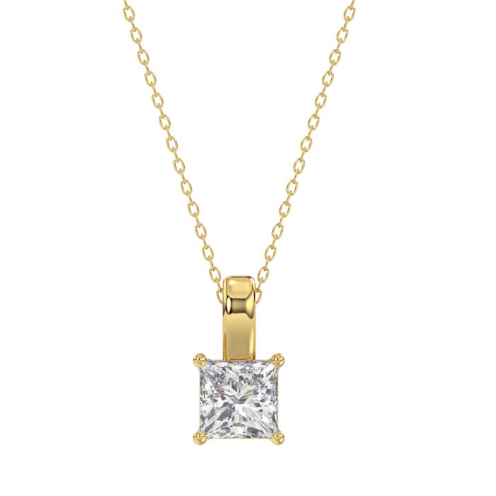 LADIES SOLITAIRE PENDANT WITH CHAIN 1 1/2CT PRINCESS DIAMOND 14K YELLOW GOLD - Image 1