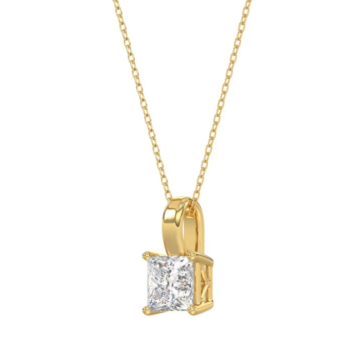 LADIES SOLITAIRE PENDANT WITH CHAIN 1 1/2CT PRINCESS DIAMOND 14K YELLOW GOLD - Image 3