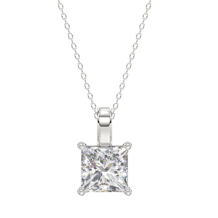 LADIES SOLITAIRE PENDANT WITH CHAIN 4CT PRINCESS DIAMOND 14K WHITE GOLD - Image 1