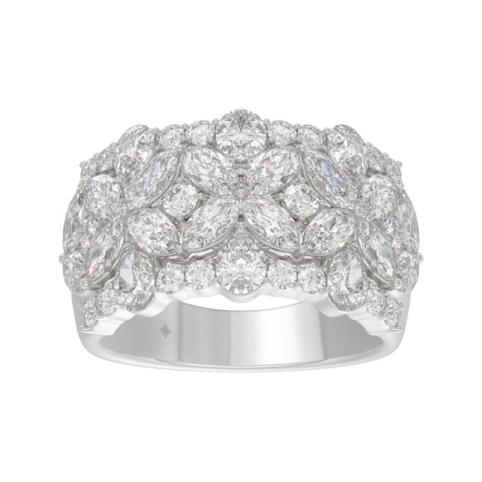 14K White Gold 3.00Ct Mixed Shape Diamond Cluster Ring Round, Marquise & Pear Floral Inspired Ladies Ring (Color F-G -Clarity Vs1/Vs2) - Image 1