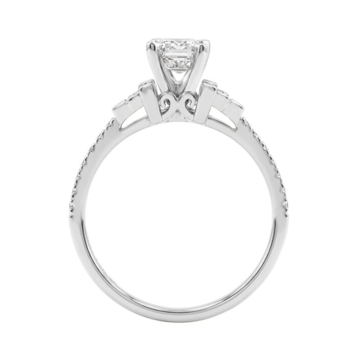 14K White Gold Lab Grown Emerald Cut Diamond Ladies Engagement Ring 1 1/4Ct With Round & Baguette Side Stones 1Ct Emerald Center Stone (Color F-G - Image 2