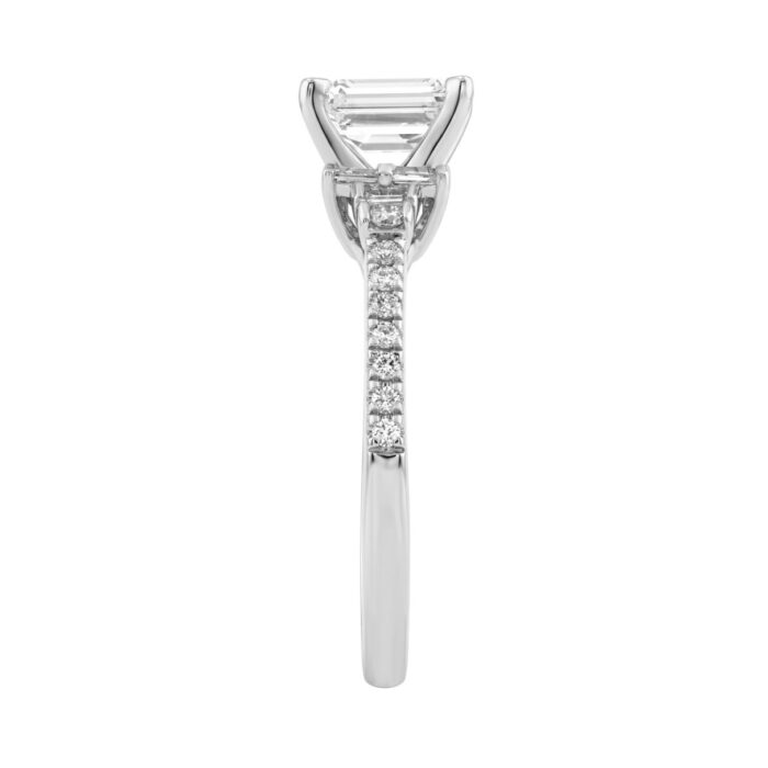 14K White Gold Lab Grown Emerald Cut Diamond Ladies Engagement Ring 1 1/4Ct With Round & Baguette Side Stones 1Ct Emerald Center Stone (Color F-G - Image 3