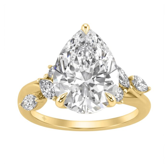 14K Yellow Gold 5 1/2Ct Lab-Grown Diamond Engagement Ring For Women 5Ct Pear Center Stone With Marquise/Round Side Stones, Luxury Bridal Ring (Color F - Image 1