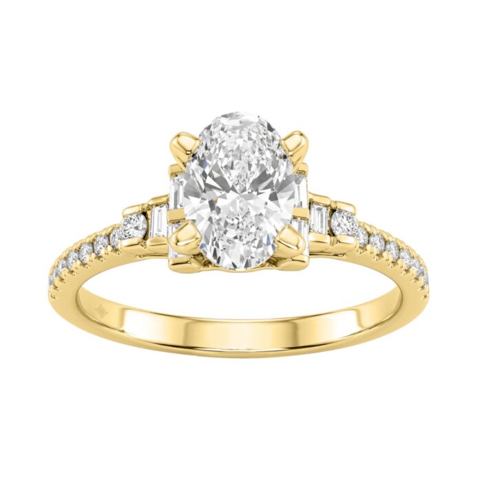 14K Yellow Gold Lab Grown Emerald Cut Diamond Ladies Engagement Ring 1 1/4Ct With Round & Baguette Side Stones 1Ct Oval Center Stone (Color F-G -C - Image 1
